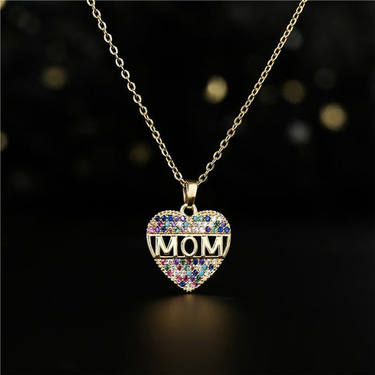 Mother's Day Gift – Peach Heart "MOM" Pendant Necklace in Copper