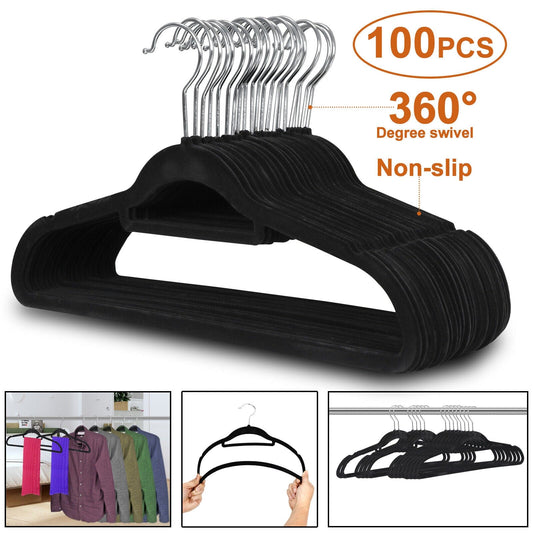 100 Pack Velvet Hangers Flocked Non-Slip Clothes Hangers 360° Swivel Hook Black  ebasketonline