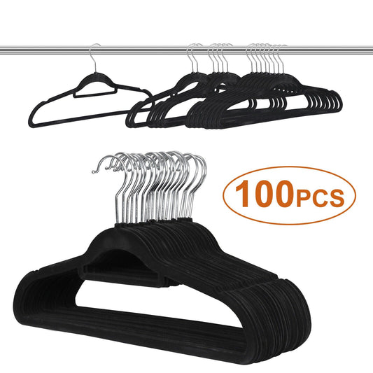 100 Pack Velvet Hangers Flocked Non-Slip Clothes Hangers 360° Swivel Hook Black  ebasketonline