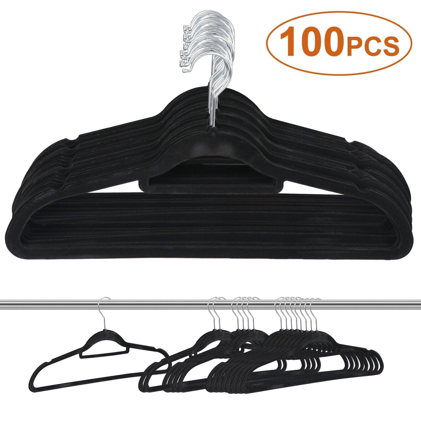 100 Pack Velvet Hangers Flocked Non-Slip Clothes Hangers 360° Swivel Hook Black  ebasketonline