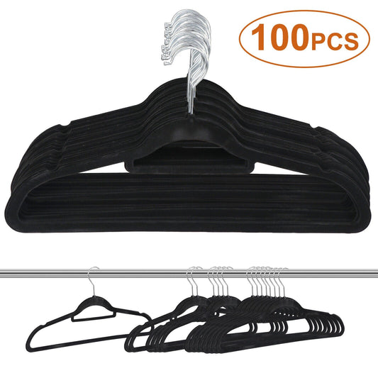 100 Pack Velvet Hangers Flocked Non-Slip Clothes Hangers 360° Swivel Hook Black  ebasketonline