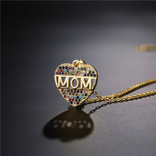 Mother's Day Gift – Peach Heart "MOM" Pendant Necklace in Copper
