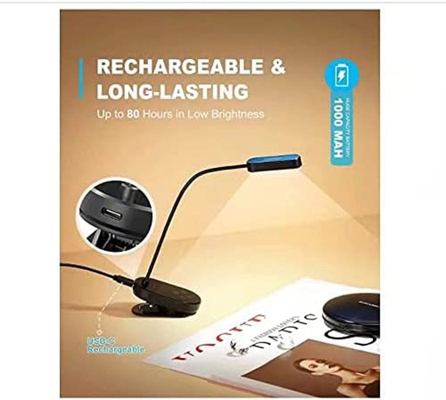16 LED Mini Book Light for Reading in Bed - Clip on Reading Light, Rechargeable & Long Lasting (80+ Hrs), 3 Colors & 5 Brightness Levels Amz