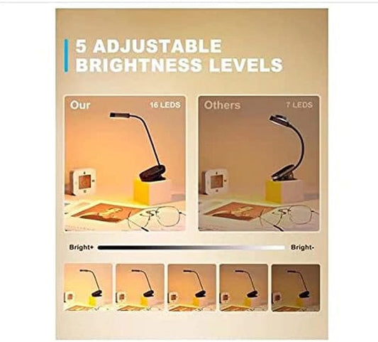 16 LED Mini Book Light for Reading in Bed - Clip on Reading Light, Rechargeable & Long Lasting (80+ Hrs), 3 Colors & 5 Brightness Levels  Amz
