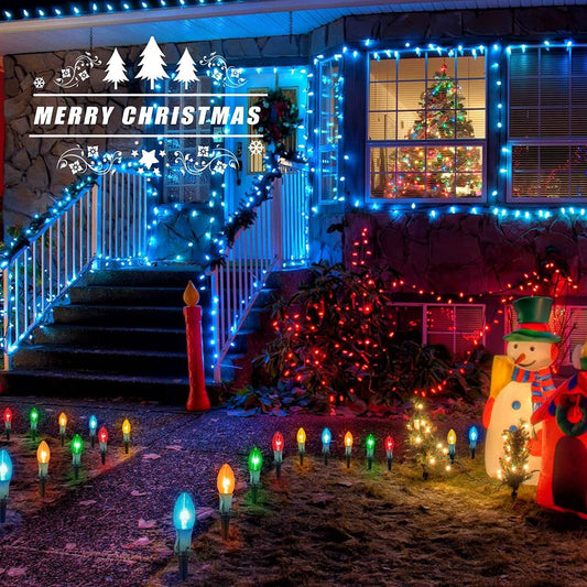 25.7 Feet C9 Christmas Pathway Lights with 20 Multicolored Bulbs and 20 Stakes Waterproof Connectable Walkway Lights  ebasketonline