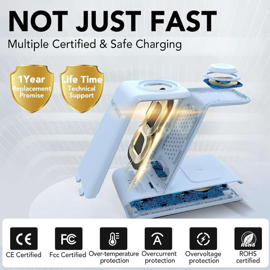 Blue 3 in 1 Wireless Charging Station Compatible for Apple Products