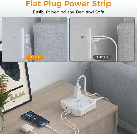Flat Cord 5 Ft Extension Cord Flat Plug with 4 Outlets and 3 USB Charge