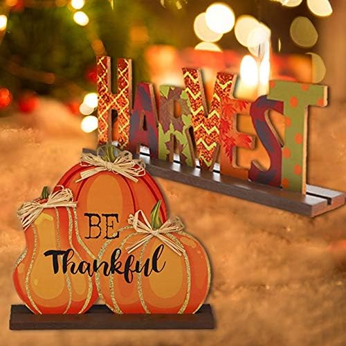 4-Pack Thanksgiving Themed Wood Pumpkin Table Centerpiece Signs – Harvest Autumn Glitter Decor for Home & Office