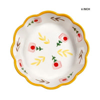 Yellow 6 Inch Hand Painted Flower Pattern Ceramic Bowl Wavy Edge