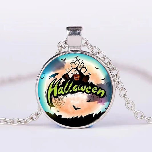 Unique Halloween Jewelry: Round Pendant Necklace with Pumpkin, Ghost, and Bat