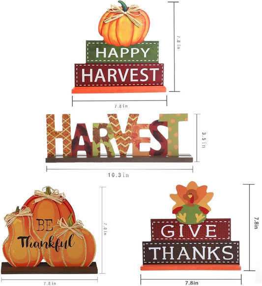 4-Pack Thanksgiving Themed Wood Pumpkin Table Centerpiece Signs – Harvest Autumn Glitter Decor for Home & Office