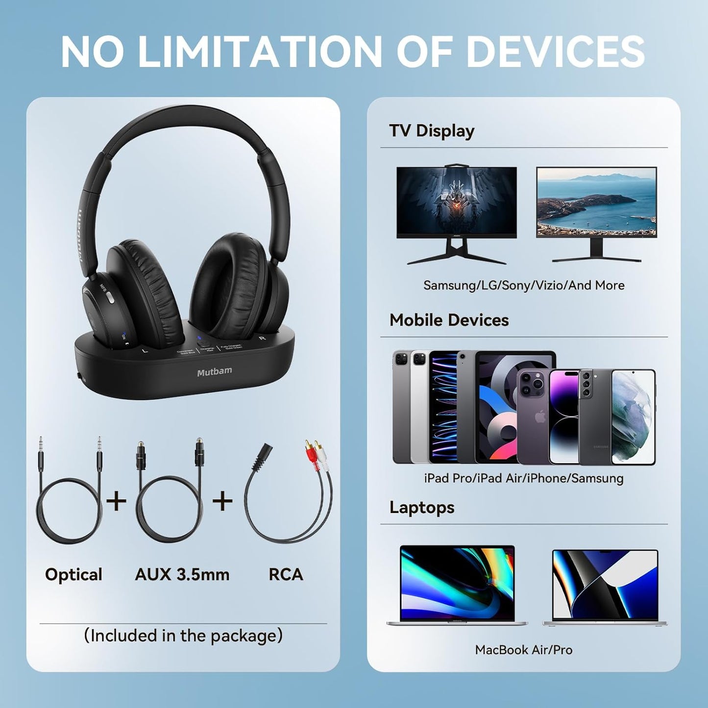 Wireless TV Headphones for Seniors with Charging Dock, 65H Playtime