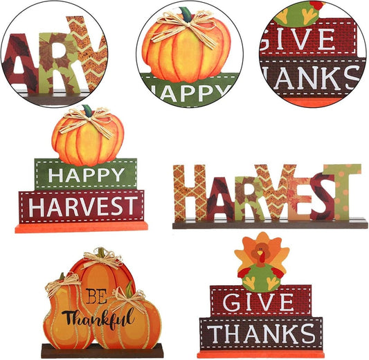 4-Pack Thanksgiving Themed Wood Pumpkin Table Centerpiece Signs – Harvest Autumn Glitter Decor for Home & Office