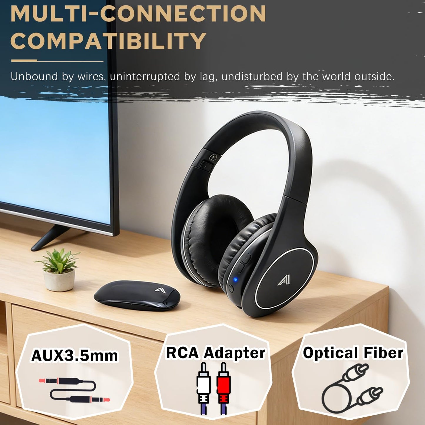 Wireless TV Headphones for Seniors & Hearing Impaired, No Audio Delay Over-Ear Headset with 100ft Range
