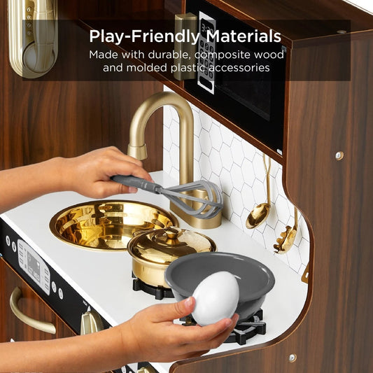 Espresso Wooden Pretend Play Kitchen Set for Kids with Utensils, Oven, Microwave & Telephone