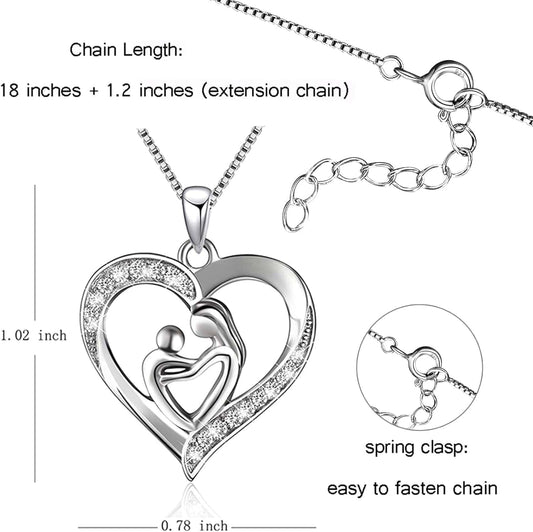 925 Sterling Silver Mother-Child Love Heart Pendant - Elegant Necklace for Mother's Day