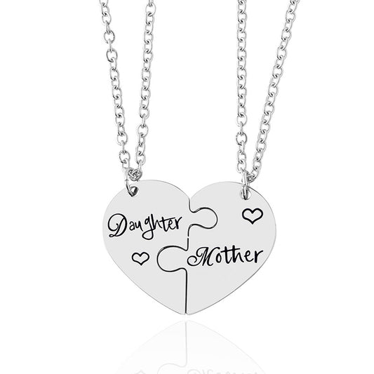 2PCS Mother Daughter Puzzle Heart Necklace – Silver Stainless Steel Matching Jewelry Set