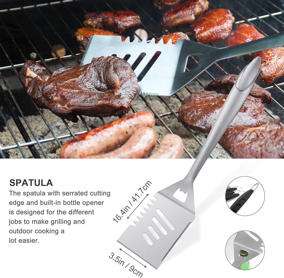 8-Piece Heavy Duty BBQ Grill Tools Set - Extra Thick Stainless Steel Spatula, Fork, Tongs, Cleaning Brush