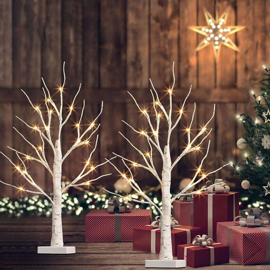Christmas Decorations, 2FT Birch Tree with LED Lights, Warm White Light up Tree Lamp, Fairy Light Spirit Tree for Xmas Indoor Home Table Fireplace Decor, Battery Powered, 6H/18H Timer (2PK)  ebasketonline