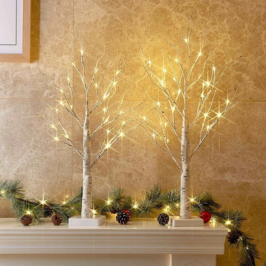 White Christmas Decorations, 2FT Birch Tree with LED Lights, Warm White Light up Tree Lamp, Fairy Light Spirit Tree for Xmas Indoor Home Table Fireplace Decor, Battery Powered, 6H/18H Timer (2PK)