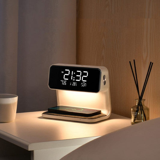 White Creative 3 In 1 Bedside Lamp Wireless Charging LCD Screen Alarm Clock  Wireless Phone Charger For Iphone