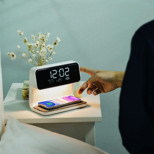 White Creative 3 In 1 Bedside Lamp Wireless Charging LCD Screen Alarm Clock  Wireless Phone Charger For Iphone