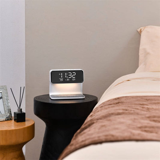 White Creative 3 In 1 Bedside Lamp Wireless Charging LCD Screen Alarm Clock  Wireless Phone Charger For Iphone