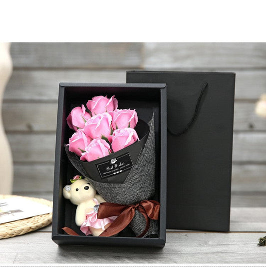 Pink Creative Handmade Rose Flower 7 Rose Soap Bouquet with Little Bear - Perfect Valentine's Day, Mother's Day, or Birthday Gift