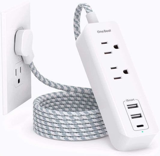 White / 5 Ft Cruise Essentials, USB C Travel Power Strip, Flat Plug Power Strip with 2 Outlets 3 USB Ports (1 USB C), 5Ft Extension Cord Charging Station, Non Surge Protector for Cruise Ship, Travel, Home