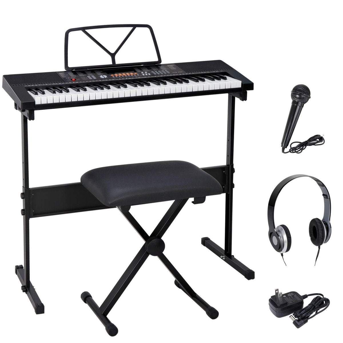 61-Key Electronic Keyboard Piano Bundle with Stool, Headphones, Microphone, and Stand