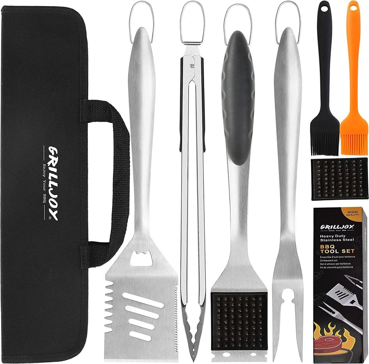 8-Piece Heavy Duty BBQ Grill Tools Set - Extra Thick Stainless Steel Spatula, Fork, Tongs, Cleaning Brush
