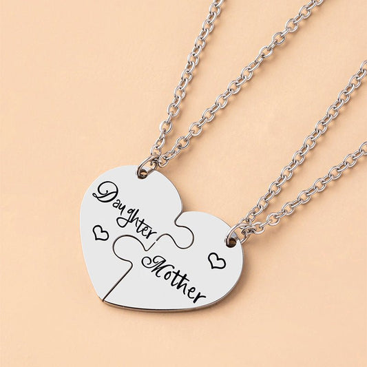 2PCS Mother Daughter Puzzle Heart Necklace – Silver Stainless Steel Matching Jewelry Set