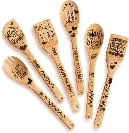 Mother Gift Gifts for Mom wooden spoons for Cooking & Serving 6 Pcs Set - Mothers Day