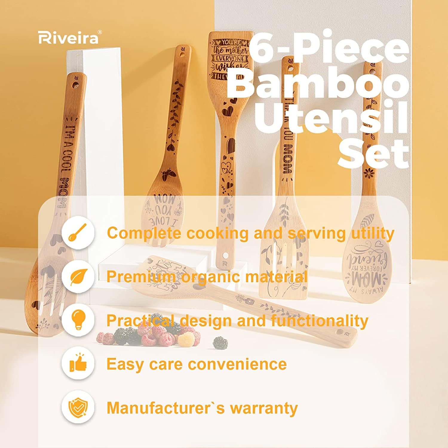 Mother Gift Gifts for Mom wooden spoons for Cooking & Serving 6 Pcs Set - Mothers Day