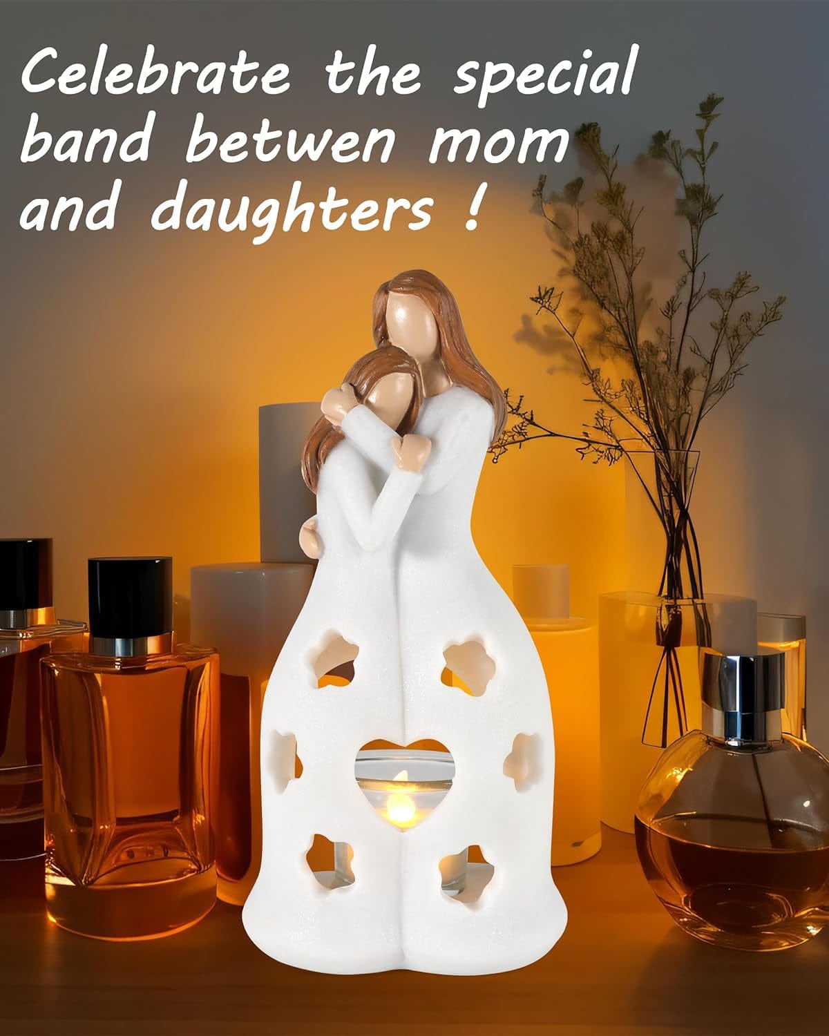M D Large Resin Mother and Daughters Angel Statue with Tealight Holder - Mother's Day Gift