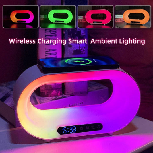 Multi-function 3 In 1 LED Night Light APP Control RGB Atmosphere Desk Lamp Smart Multifunctional Wireless Charger Alarm Clock Accessories CJ