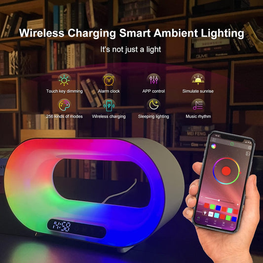 Multi-function 3 In 1 LED Night Light APP Control RGB Atmosphere Desk Lamp Smart Multifunctional Wireless Charger Alarm Clock Accessories CJ