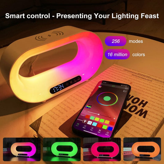 Multi-function 3 In 1 LED Night Light APP Control RGB Atmosphere Desk Lamp Smart Multifunctional Wireless Charger Alarm Clock Accessories CJ