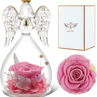 3-Pink Rolra Angel Rose Figurines - Preserved Flower Rose Glass Angel Gifts for Mother's Day