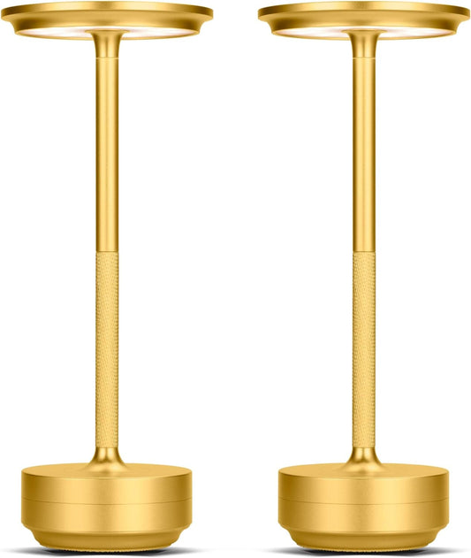 Gold2 Set of 2 LED Cordless Table Lamps: Rechargeable, Dimmable, and Portable Battery Operated Lights for Nightstand, Dining Room, or Outdoor Use