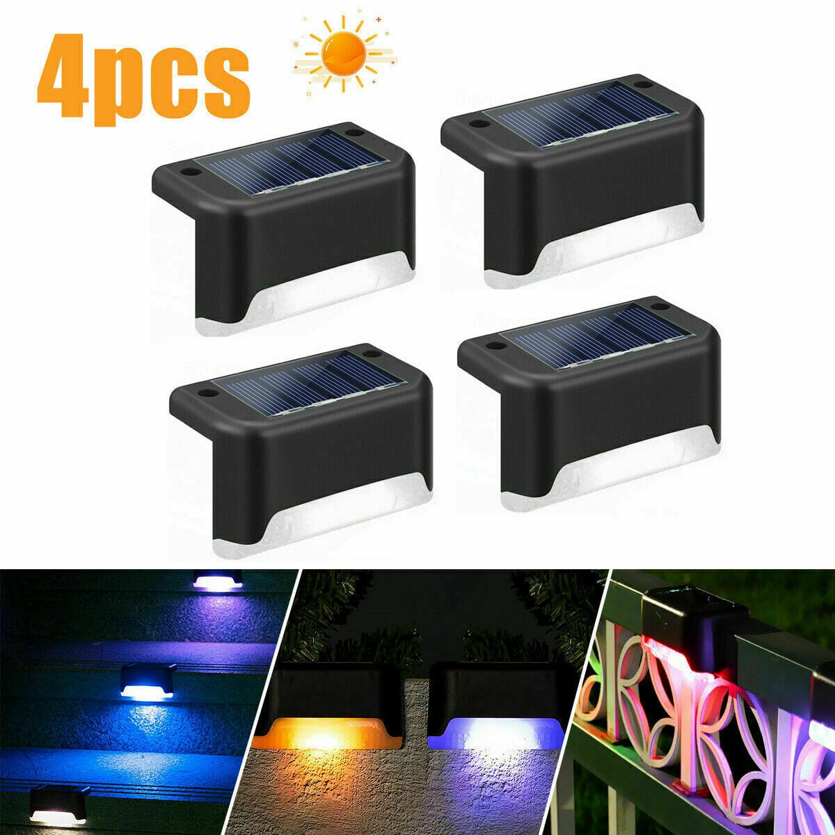 4Pcs Brown (Led: Multicolor) Solar-Powered LED Deck Lights - Outdoor Bright Lighting for Garden, Patio, Pathway, Stairs & Fence