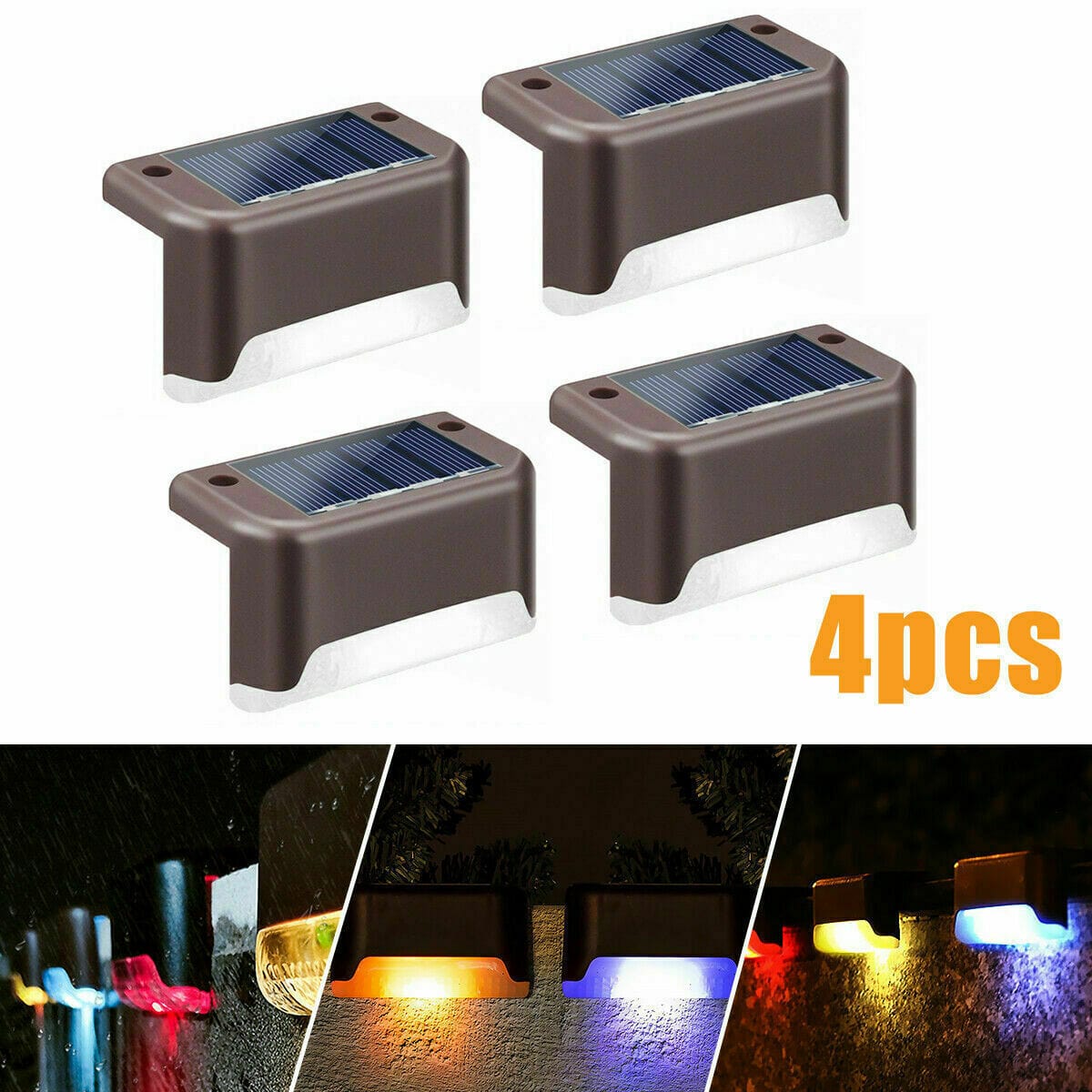 4Pcs Brown (Led: Warm White) Solar-Powered LED Deck Lights - Outdoor Bright Lighting for Garden, Patio, Pathway, Stairs & Fence