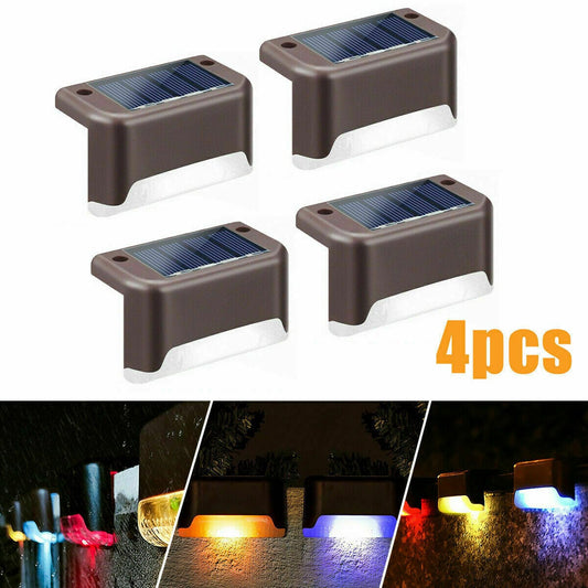 4Pcs Brown (Led: Warm White) Solar-Powered LED Deck Lights - Outdoor Bright Lighting for Garden, Patio, Pathway, Stairs & Fence