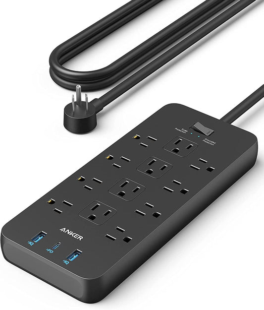 Surge Protector Power Strip (2100J),  12 Outlets with 1 USB C and 2 USB Ports 5Ft Extension Cord Flat Plug  ebasketonline Black 5 Ft