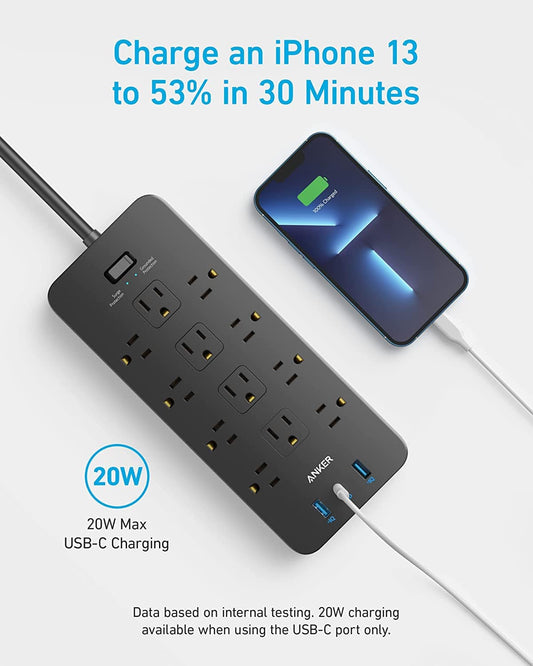 Surge Protector Power Strip (2100J),  12 Outlets with 1 USB C and 2 USB Ports 5Ft Extension Cord Flat Plug  ebasketonline