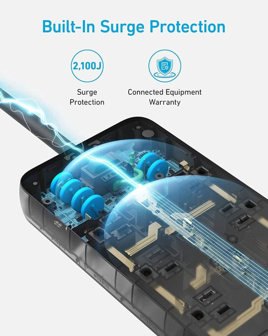 Surge Protector Power Strip (2100J),  12 Outlets with 1 USB C and 2 USB Ports 5Ft Extension Cord Flat Plug  ebasketonline