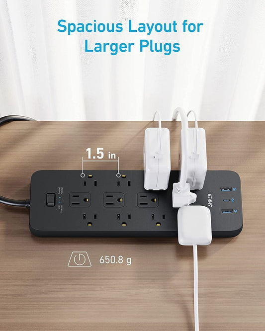 Surge Protector Power Strip (2100J),  12 Outlets with 1 USB C and 2 USB Ports 5Ft Extension Cord Flat Plug  ebasketonline