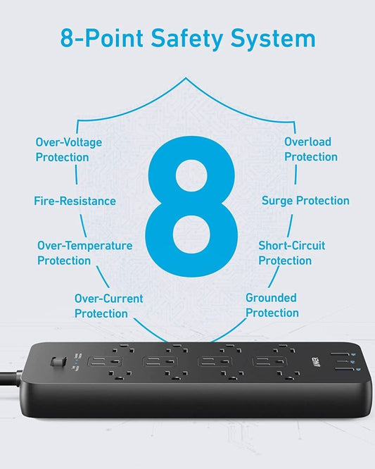 Surge Protector Power Strip (2100J),  12 Outlets with 1 USB C and 2 USB Ports 5Ft Extension Cord Flat Plug  ebasketonline