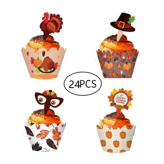 Thanksgiving Dessert Table Decor Set Cake Wrappers and Toppers Gifts CJ Paper cup inserts 24PCS