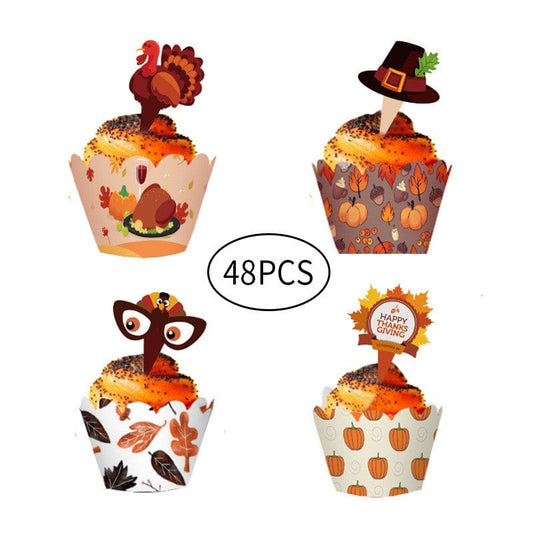 Thanksgiving Dessert Table Decor Set Cake Wrappers and Toppers Gifts CJ Paper cup inserts 48PCS